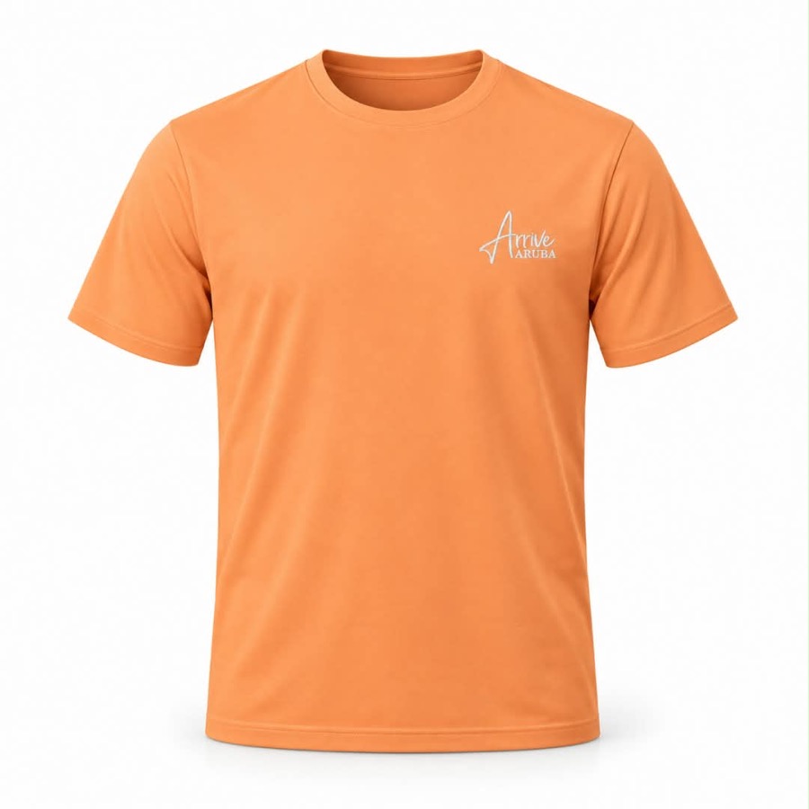 Camiseta naranja de cuello redondo, vista frontal con el logotipo bordado en blanco.