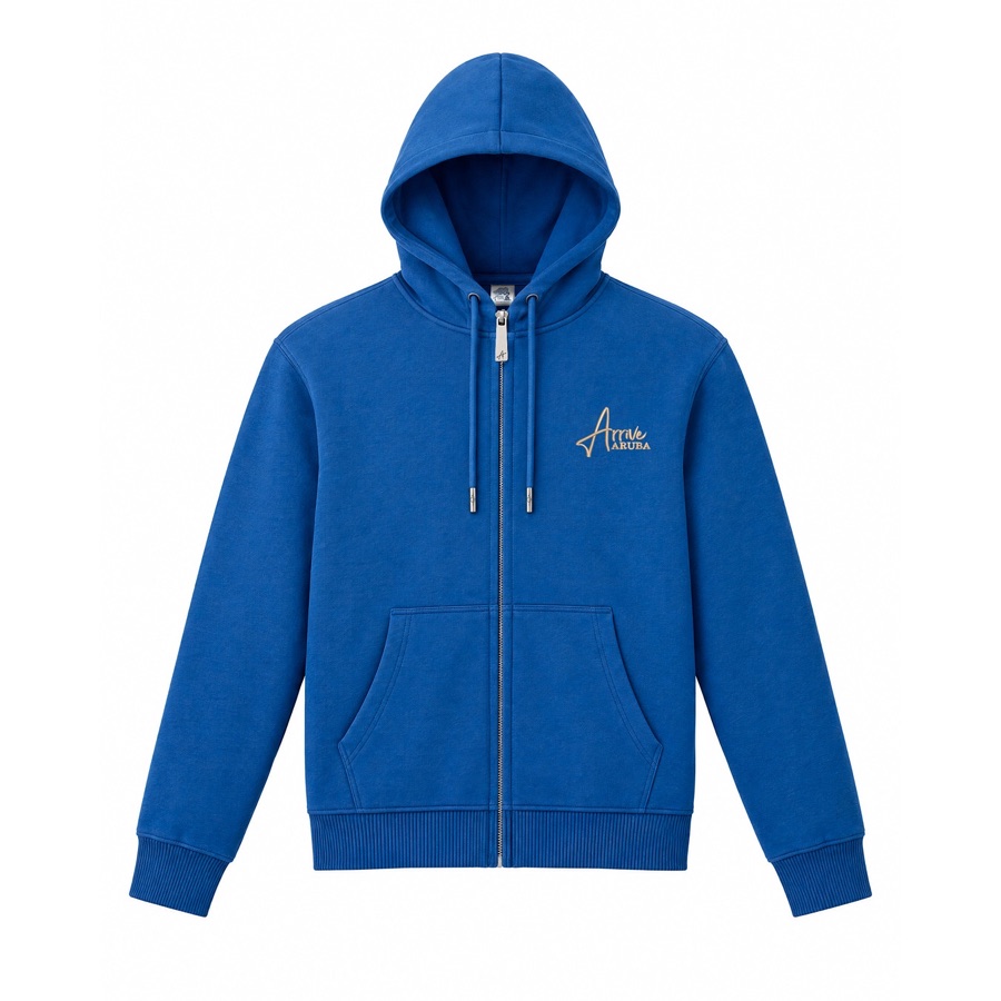 Sudadera azul con cremallera completa y capucha, vista frontal con el logotipo bordado.