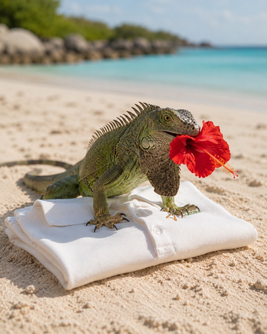 Iguana verde con una flor de hibisco roja, posada sobre una prenda blanca doblada en la arena de la playa.