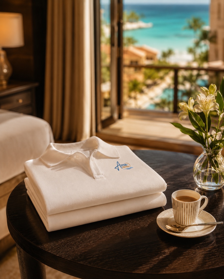 Polo blanco de Arrive Aruba doblado sobre una mesa de hotel, junto a una taza de café y un jarrón con flores; al fondo, el mar.